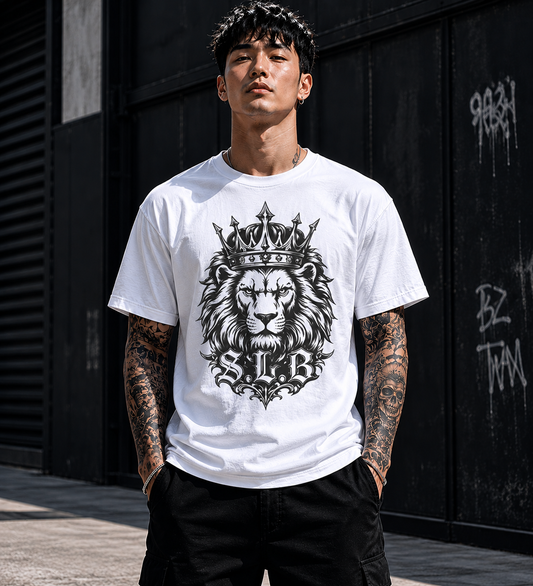 White unisex Crowned Lion SLB T-Shirt with crowned lion graphic symbolizing confidence and leadership