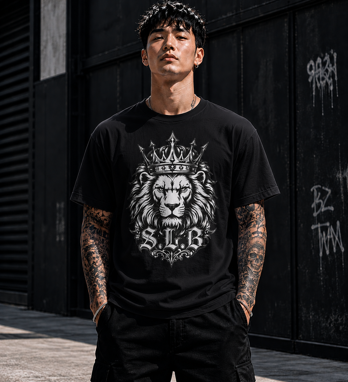 Black unisex Crowned Lion SLB T-shirt with bold lion and crown graphic symbolizing confidence and leadership