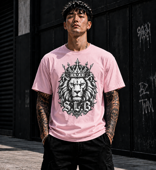 Unisex Crowned Lion SLB T-Shirt with majestic crowned lion graphic on blossom color, symbolizing confidence, leadership, and strength.