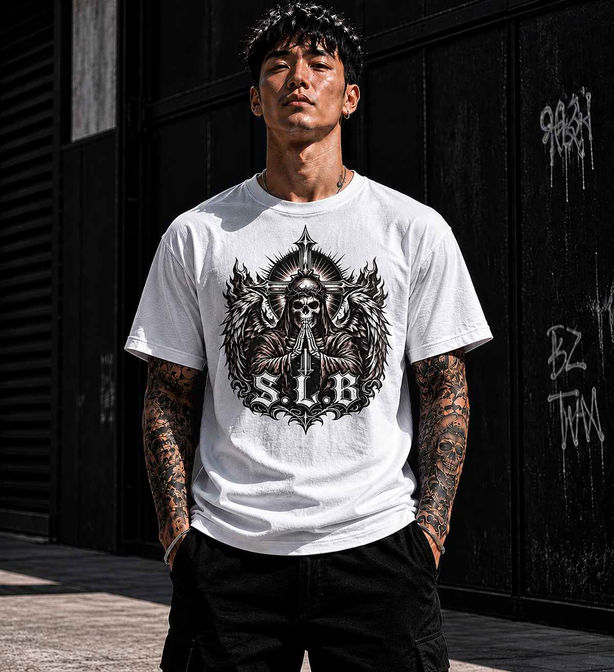 White SLB Guardian Reaper T-Shirt with winged skull, praying hands, crossed swords, and radiant crest design symbolizing faith and strength