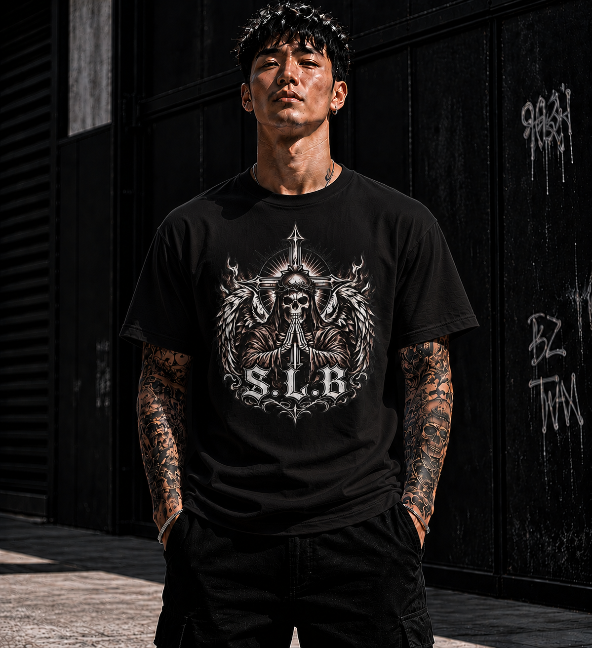 Black SLB Guardian Reaper T-Shirt with winged skull, praying hands, crossed swords, and radiant crest design representing faith and strength