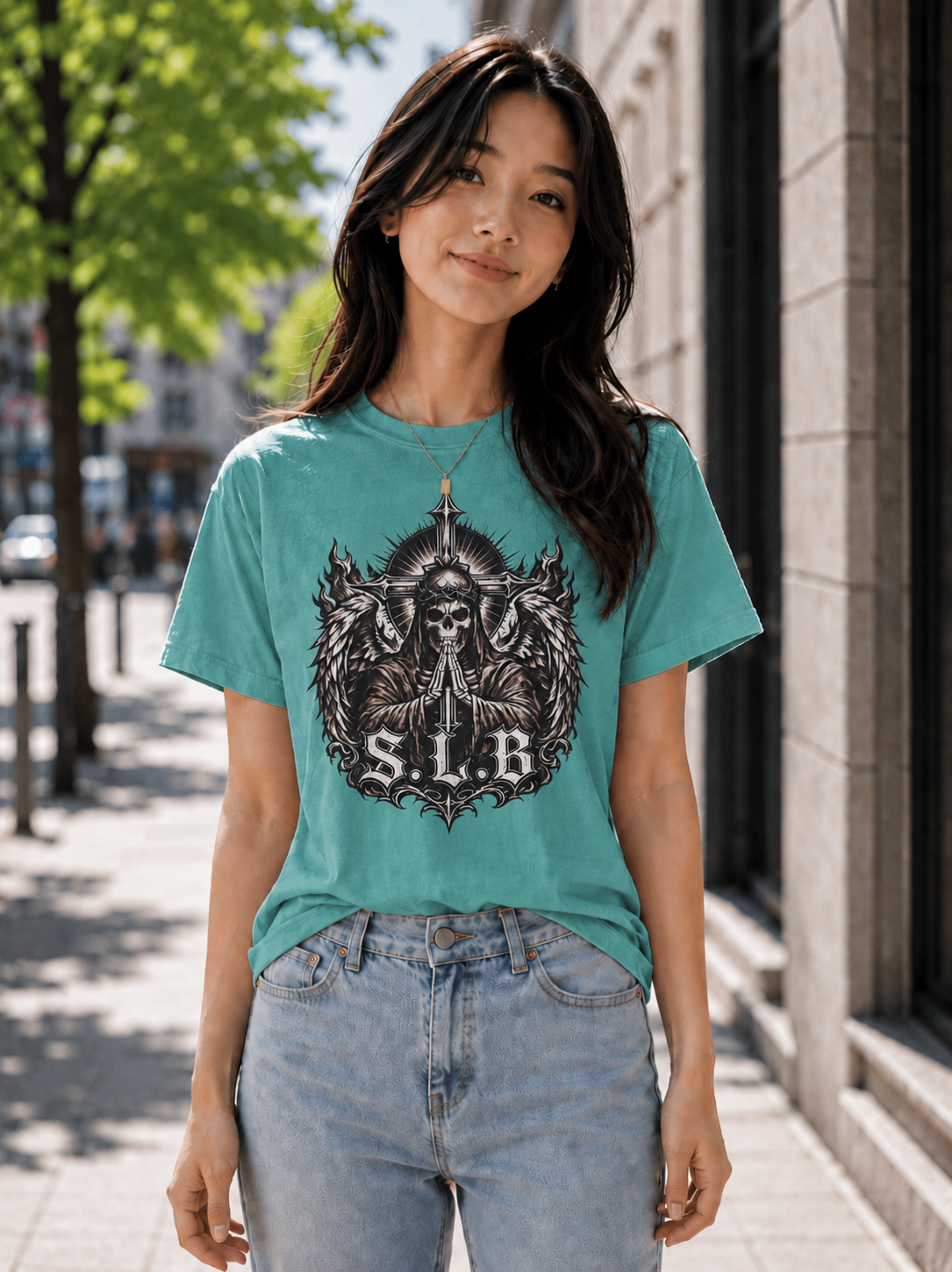 Unisex SLB Guardian Reaper T-Shirt – Wings of Faith & Strength Color Seafoam