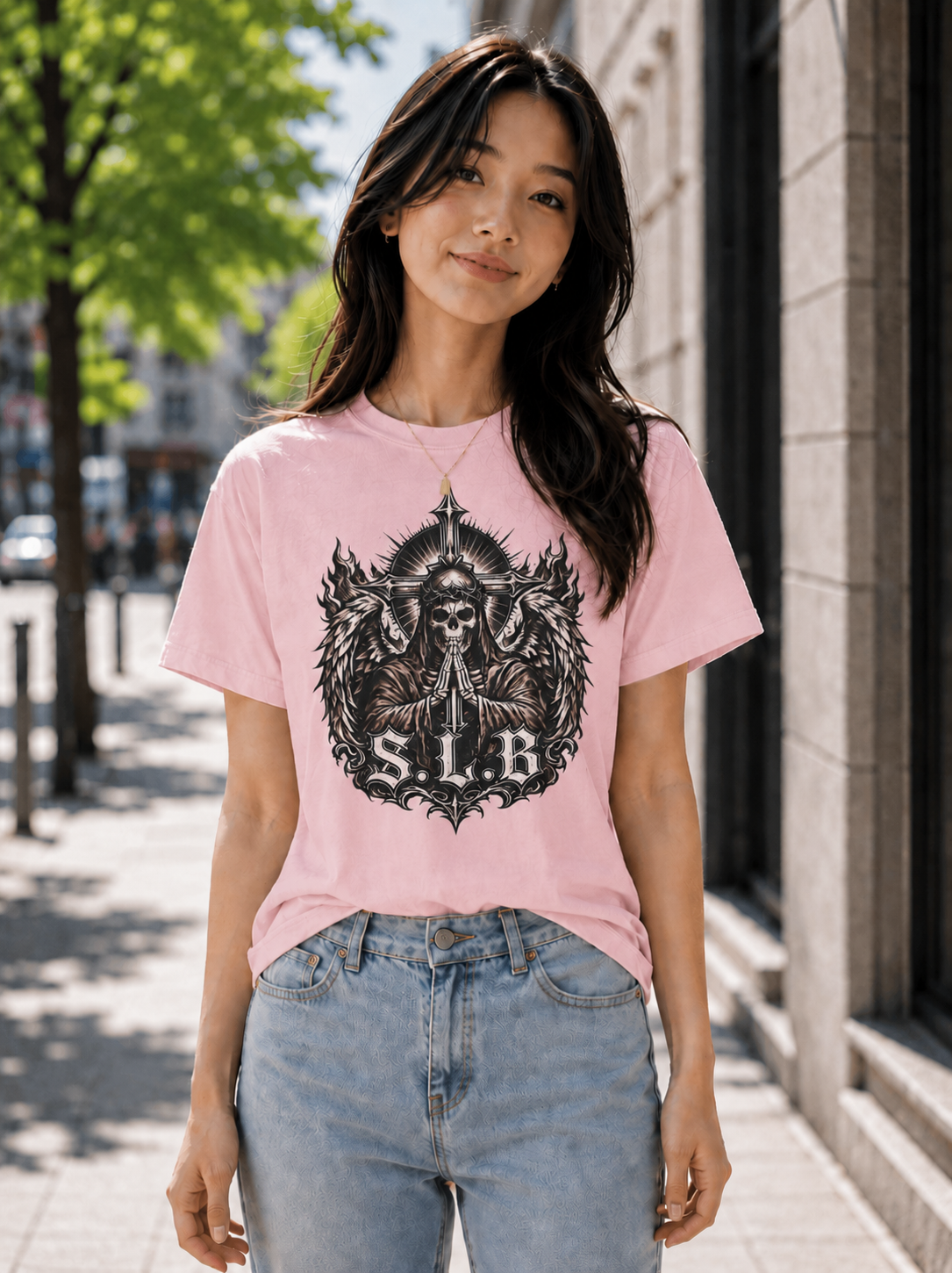 Unisex SLB Guardian Reaper T-Shirt – Wings of Faith & Strength Color Blossom