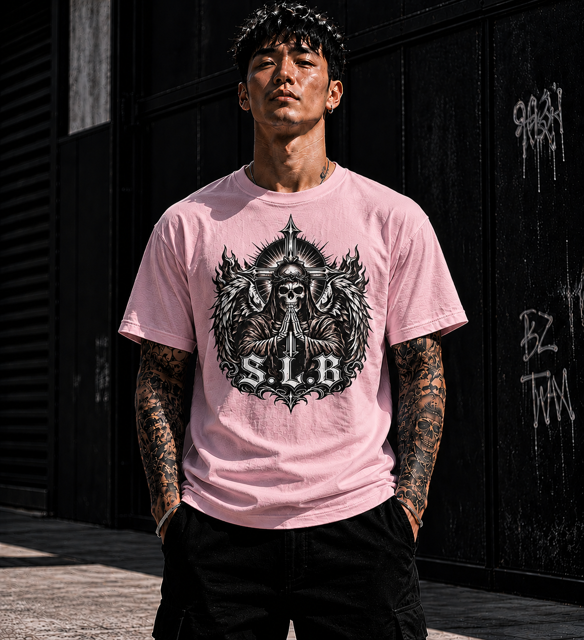 Unisex SLB Guardian Reaper T-Shirt with winged skull, praying hands, crossed swords, and radiant crest design symbolizing faith and strength in blossom colors
