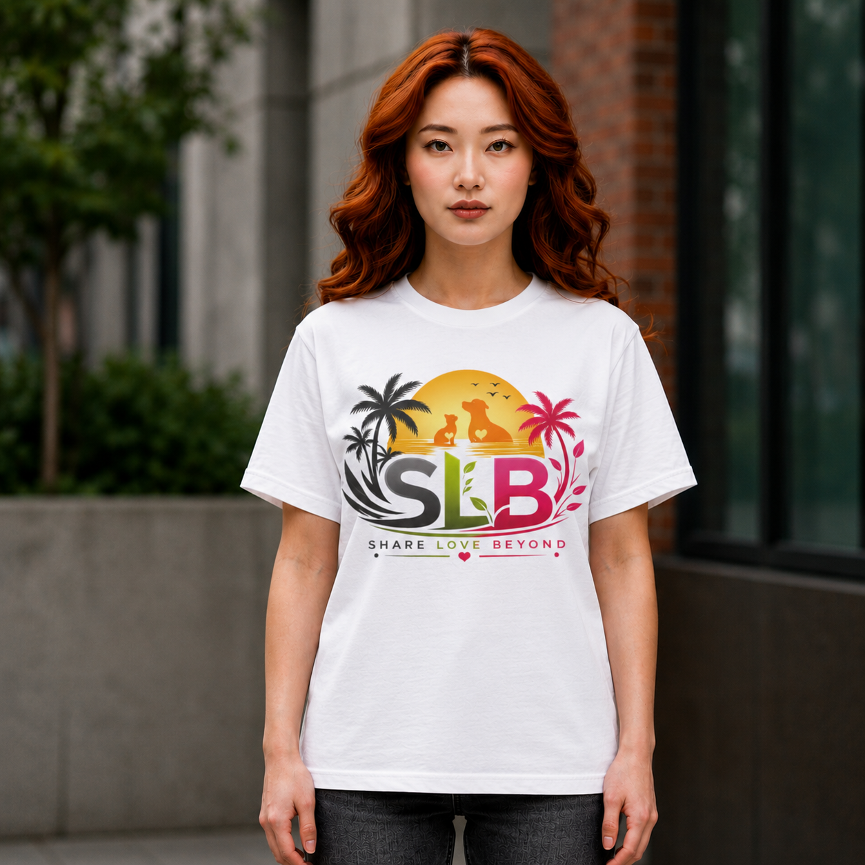 Unisex white SLB Share Love Beyond T-shirt with tropical sunset, palm trees, dog and cat silhouettes design