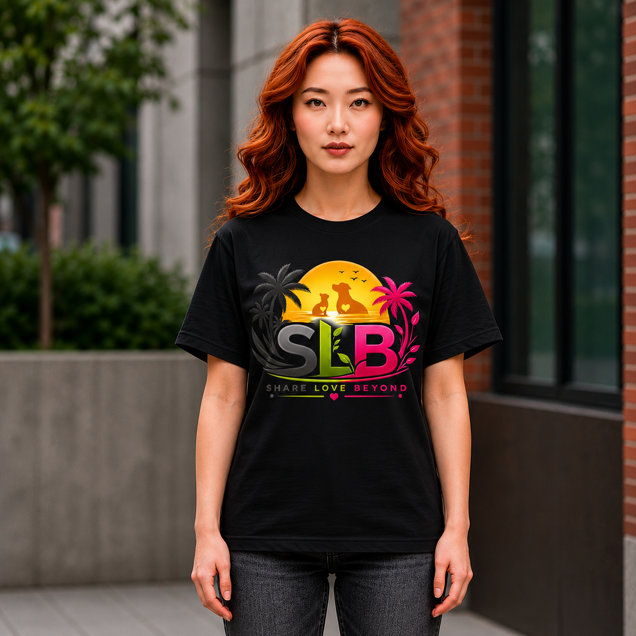 Black unisex Share Love Beyond T-shirt with tropical sunset, palm trees, dog and cat silhouettes design