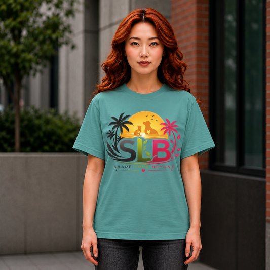 Seafoam unisex t-shirt with tropical sunset, palm trees, dog and cat silhouettes, and "Share Love Beyond" logo design