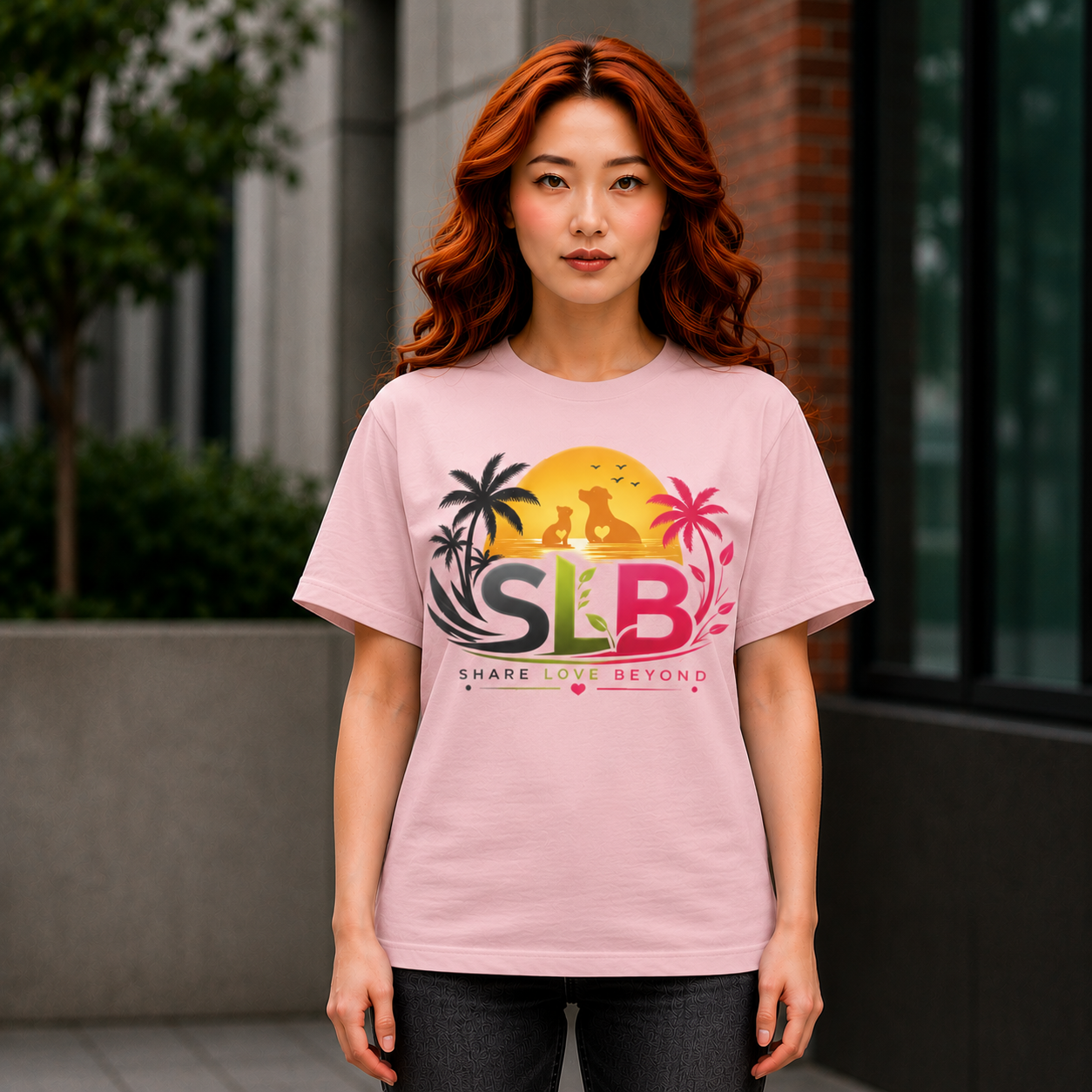 Unisex tropical Share Love Beyond T-Shirt with sunset, palm trees, dog and cat silhouettes on blossom color