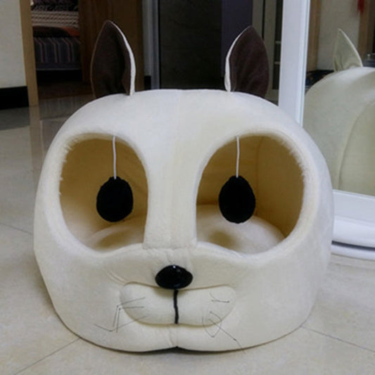 beige artificial short plush pet bed with soft lining and machine washable design